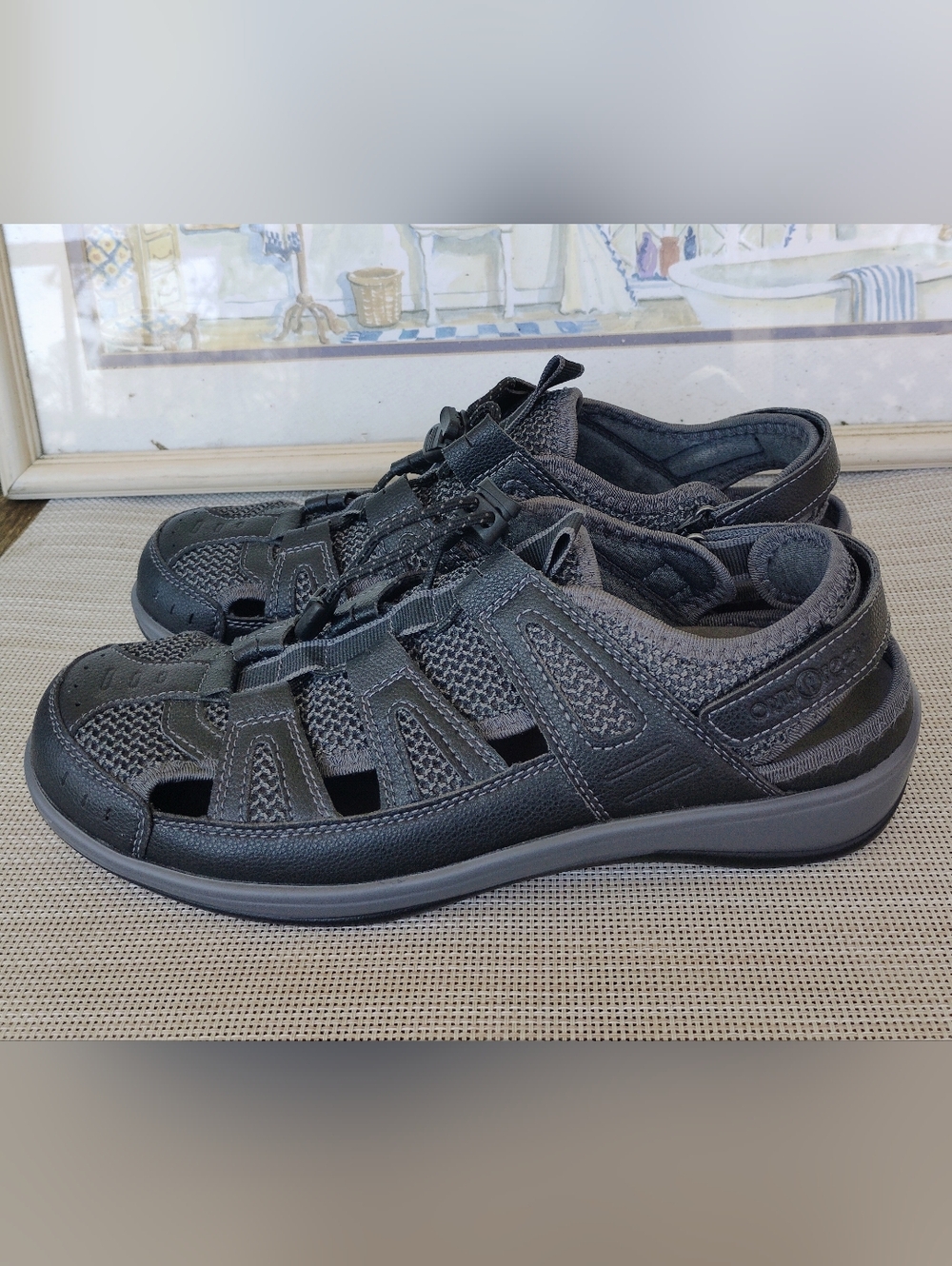 Orthofeet "Verona" Black/Pewter Mesh Heel Strap Slip-On Sandals. Size 9.5D